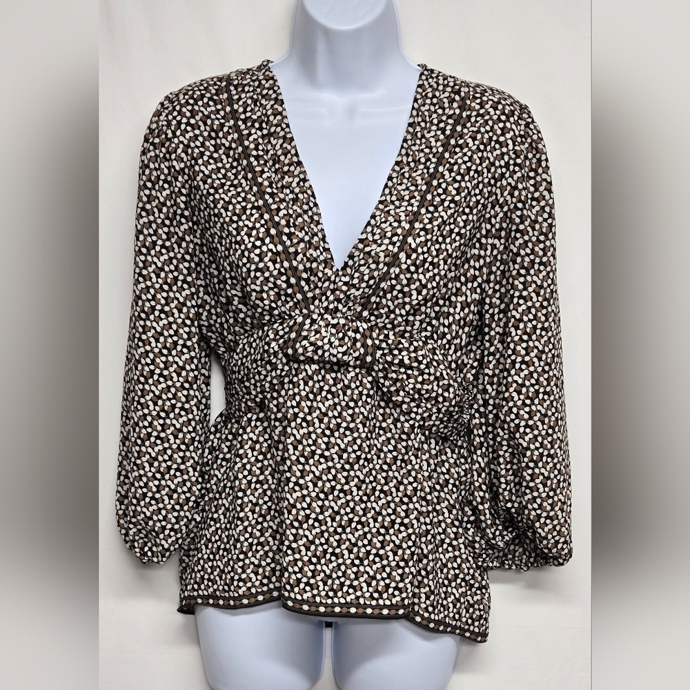 Max Studio S Top Blouse Knotted Front Bubnle Sleeve Earthtones Casual